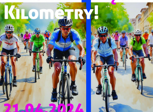 Plakat Wilanów kręci kilometry zaproszenie na rajd rowerowy w dniu 21 kwietnia, godzina 10.00 Plaża Wilanów